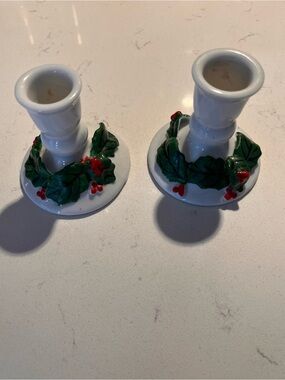 Vintage Set of 2 Holly/Berry Christmas CandleStick Holders
